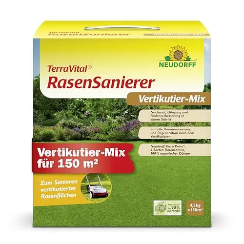 Neudorff Rasendünger TerraVital RasenSanierer 4,5 kg - Dünger für 150 m², ideal zur Neuanlage und Ausbesserung lückenhafter Rasenflächen. Fördert dauerhaft strapazierfähigen und saftig grünen Rasen ohne Rasenfilz.