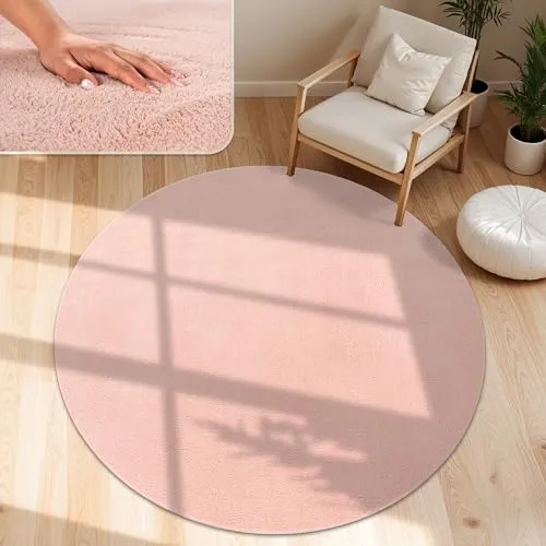 Paco Home Moderner Kuscheliger Wohnzimmer Teppich Kurzflor waschbar flauschig Weich Einfarbig Felloptik zeitlos stilvoll rutschfest pflegeleicht, Grösse:120 cm Rund, Farbe:Rosa
