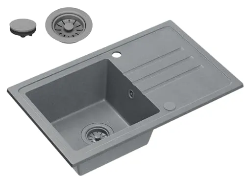 VBChome Granitspüle Grau 70 x 44 cm - Moderne reversible Granitspüle mit praktischer Abtropffläche und Hitzebeständigkeit bis 200 Grad, ideal für stilvolle Küchen und langlebigen Einsatz.