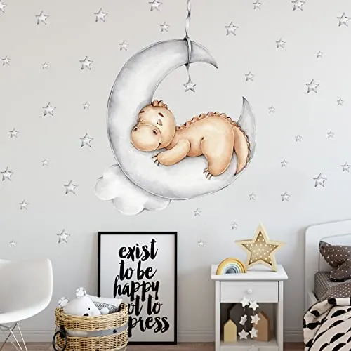 WANDKIND Dino auf dem Mond Wandtattoo V323 | handgezeichnete Wandsticker für Kinderzimmer - Handgezeichnetes Wandtattoo mit Dino auf dem Mond, ideal für Kinderzimmer. Leicht anzubringen und aus ungiftigen Materialien, sorgt es für eine fröhliche Atmosphäre im Raum.