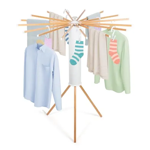 Todeco Wäscheständer platzsparend Holz mit 10 Stück Wäscheklammern, Wäscheständer Turm Klappbar, Mobiler Turmwäscheständer für Balkon Wohnzimmer Wäscheraum Badezimmer, weiß