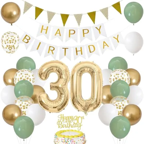30. Geburtstag Dekoration Salbeigrüne, Grün Gold Luftballon Deko 30. Geburtstag mit Zahl 30 Folienballon, Happy Birthday Banner, Tortendeko für 30. Happy Birthday Deko Frau Mann