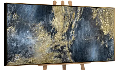 YS-Art Gemälde Spiegelungen II, Leinwandbild Abstrakt in Blau und Gold mit Rahmen