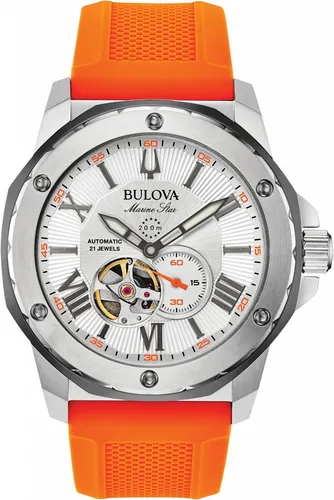 Bulova 98A226 Marine Star Automatik Herrenuhr 45mm - Orange/Silber - Herrenuhr mit 20 ATM Wasserdichtigkeit, Automatik-Uhrwerk und einzigartigem Design mit offener Unruhe und lumineszierenden Zeigern – perfekt für jeden Anlass.