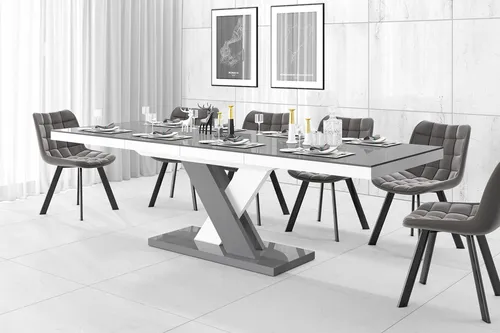 Design Esstisch HEN-111 Grau Hochglanz/Weiß Hochglanz - Ausziehbarer Esszimmertisch von 160 cm auf 256 cm, ideal für bis zu 10 Personen. Modernes, zeitloses Design, robust und pflegeleicht – perfekt für jedes Zuhause.