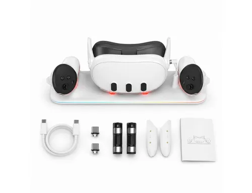 Tekoo Ladestation für Oculus Quest 3 – Magnetisches Dock mit 2 Controller Akkus - Praktische Ladestation für Oculus Quest 3, die Ordnung schafft und Kabelsalat vermeidet. Mit magnetischer Ladefunktion und RGB-Statusanzeige für müheloses Laden Ihrer VR-Ausrüstung.