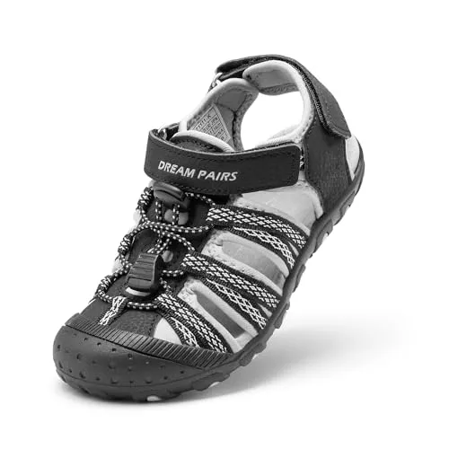 DREAM PAIRS Kinder Jungen und Mädchen Sandalen Outdoor Sportsandalen Strandsandalen Schwarz Klassische Sandalen Klettverschluss Atmungsaktiv Verschleißfest,Size 33.5,Schwarz/Grau,171111-K