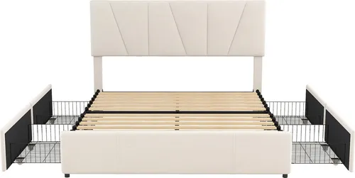 Doppelbett,Polsterbett(Beige,160*200cm)Kingsize Polster Plattform Bett mit vier Schubladen auf zwei Seiten, Verstellbares Kopfteil