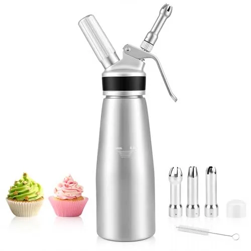 SKUTZTEK Sahnespender,Aluminium Sahnesyphon 500ml mit 3 Edelstahl Deko-Düsen (Lotus, Stern, Kreuz) & Reinigungsbürste,Aluminium Sahnesiphon für Schlagsahne, Mousse, Desserts, Heiße Getränke, Creme