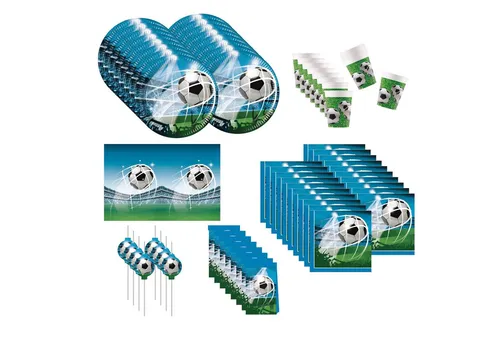 Procos Einweggeschirr-Set 69-tlg. Fußball Fan für Kindergeburtstag - 69-teiliges Fußball Fan Party Set für 16 Personen. Enthält umweltfreundliche Pappteller, Becher, Servietten und mehr. Ideal für eine unvergessliche Geburtstagsfeier im Fußball-Stil!