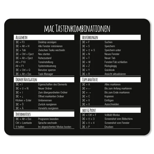younikat Mauspad mit MAC Tastenkombinationen 24x19cm - Mauspad für Büro und Zuhause, wasserabweisend und leicht abwischbar, ideal für lange Haltbarkeit und einfache Reinigung.
