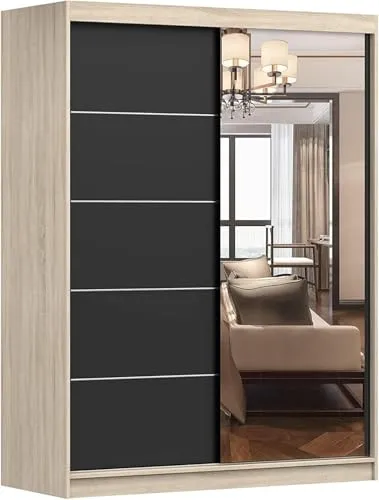 Fabryka Mebli Idźczak Kleiderschrank mit Spiegel, Schiebetüren - Schwarzer Schwebetürenschrank, Schlafzimmerschrank - ‎61 x 150 x 200 cm - Schrank für Schlafzimmer, Ankleidezimmer, Garderobe, Sonoma