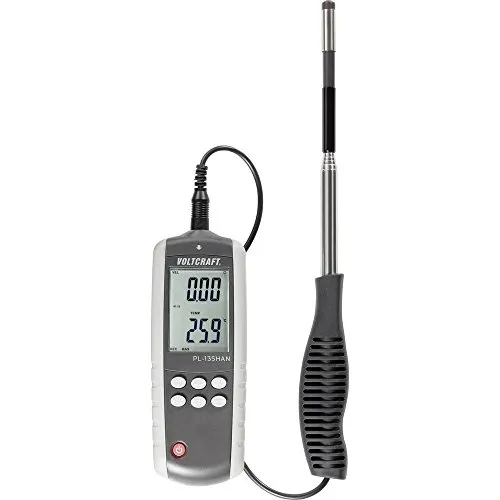 Anemometer VOLTCRAFT PL-135HAN 0.1 bis 25 m/s - Messgerät für Luftgeschwindigkeit und Temperatur mit externem Teleskopfühler, beleuchtetem Display und MIN/MAX-Speicher – ideal für präzise Messungen.