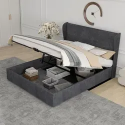 MODFU Jugendbett 160x200 mit Kopfteil und Stauraum – Grau - Stylisches Polsterbett mit elegantem Samt-Kopfteil für modernen Schlafkomfort. Dank stabiler Konstruktion und einfacher Montage ist es perfekt für jedes Schlafzimmer geeignet.