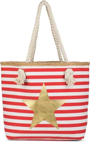 styleBREAKER Gestreifte Strandtasche mit Metallic Stern Print - Damen-Schultertasche im maritimen Look mit glänzendem Stern-Print, ideal für Strand und Freizeit. Großes Hauptfach mit Reißverschluss und weichen Kordelgriffen für optimalen Tragekomfort.