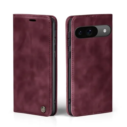 LBH Handyhülle für Google Pixel 9/9 Pro in Weinrot mit Karten- und Geldfach Smartphone Hülle mit Standfunktion Flip Case Schutzhülle Magnetverschluss Vintage