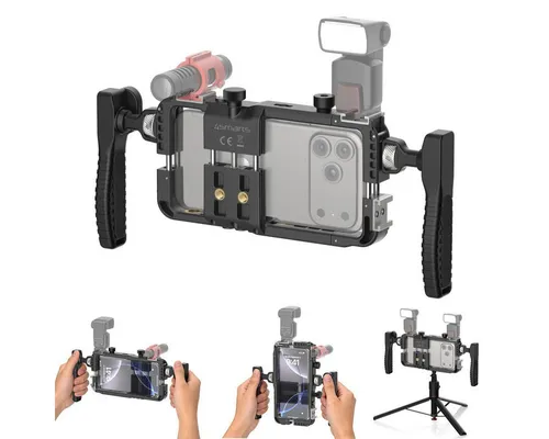 4smarts Universelles Smartphone-Video-Rig mit Fernbedienung - Flexibles Smartphone-Video-Rig für Geräte von 58-85 mm Breite. Ideal für Content Creators, mit Doppelgriff-Design für stabile Aufnahmen und praktischem Auslöser. Perfekt für Vlogging und professionelle Ergebnisse unterwegs.