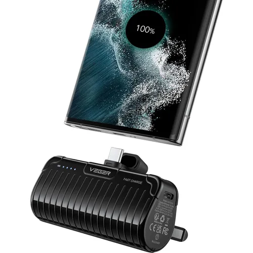 VEGER PLUGON-C PRO 5000 mAh Powerbank - Kompakte Powerbank mit integriertem USB-C-Anschluss und 20 W Schnellladung. Ideal für unterwegs, unterstützt mehrere Schnellladetechnologien und hat einen klappbaren Ständer für bequemes Laden.