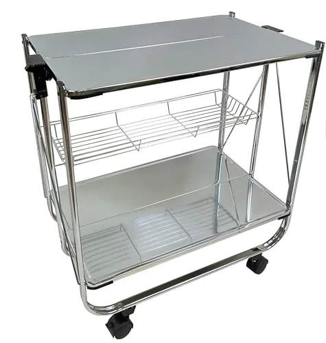 abc HOME Living Servierwagen verchromt 70 cm H - Servierwagen mit 360° drehbaren Leichtlaufrollen, klappbar für platzsparende Aufbewahrung und drei praktischen Ablageflächen, ideal für jede Küche oder Essbereich.