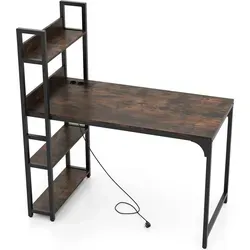 COSTWAY Computertisch mit Ladenstation, 120 CM Schreibtisch - Kinderschreibtische mit eingebauter Steckdose und USB-Anschlüssen, ideal zum Aufladen von Geräten während des Lernens oder Spielens. Robuste Konstruktion und verstellbare Regalhöhe für vielseitige Nutzung.