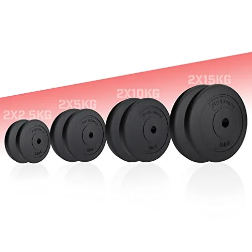Physionics® Hantelscheiben Set - 2 x 15 kg, Kunststoff, Schwarz - Vielseitiges Hantelscheiben Set mit zwei 15 kg Gewichten für effektives Krafttraining. Die bodenschonende Kunststoffbeschichtung sorgt für leises Training und schützt Ihren Boden.