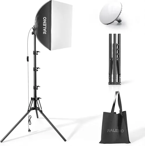 RALENO Softbox Fotostudio Set, 40 x 40 cm Fotolicht mit Stativ und LED Glühbirne (50W, 5500K, 97 CRI), Fotolampe für Porträtfotografie, Game-Streaming, YouTube-Videofotografie