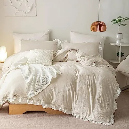 Lanqinglv Rüschen Bettwäsche 200x220 Beige Weiß,ÖKO-TEX Zertifiziert