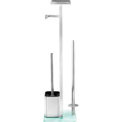 KHG Stand WC Garnitur, silber, Edelstahl und Glas - Klobürsten – Hochwertige Stand WC Garnitur aus Edelstahl und Glas, inklusive Toilettenpapierhalter für 2 Rollen und Bürstenhalter. Stilvolles Design für Ihr Bad!