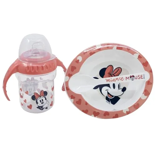 Stor Disney Minnie Geschenkset für Kinder, aus BPA-freiem Kunststoff und Silikon, mit Flasche, Schüssel und Löffel, waschbar und wiederverwendbar