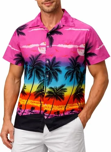 King Kameha Hawaiihemd Herren Kurzarm - Grünes Hawaii Hemd Männer Strand - Hemd Herren Kurzarm Hawaii Outfit - Hawaiian Shirts for Men - Beach, Eclectic Pink, XXL