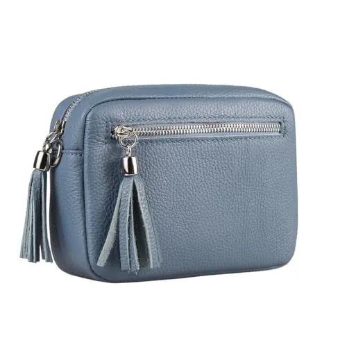 ITALYSHOP24COM OBC Damen Leder Umhängetasche - Jeansblau - Damen-Schultertaschen aus 100% italienischem Leder, schick und kompakt, ideal für jeden Anlass - von lässig bis elegant. Perfekte Begleiterin für Ausflüge und Treffen!