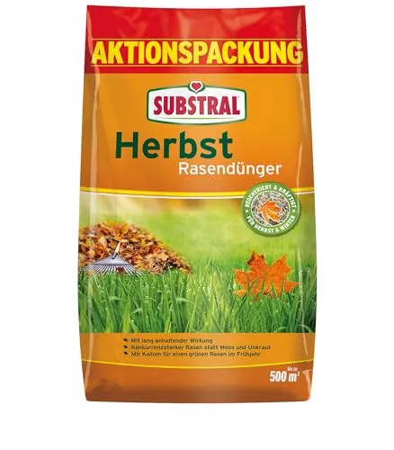 Substral Herbst Rasendünger 12,5 kg - Kaliumreicher Spezial-Rasendünger für 500 m², sorgt für einen gesunden Rasenstart im Frühling und stärkt die Winterfestigkeit gegen Krankheiten.
