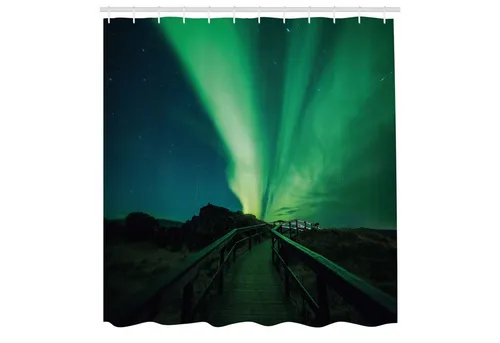 Abakuhaus Duschvorhang Moderner Digitaldruck mit 12 Haken auf Stoff Wasser Resistent Breite 175 cm, Höhe 180 cm, Nordlicht Holzbrücke Sonnen