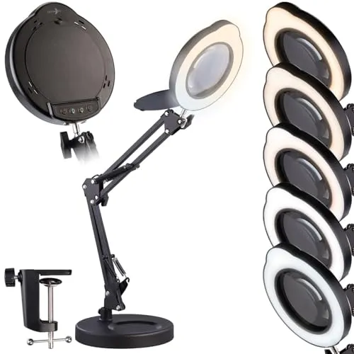 Lunartec Lupenlampe: LED-Lupenleuchte, 10-Fach, CCT, 500 lm, dimmbar, Tischklemme/Standfuß (LED Lupe, Schreibtischlampe mit Lupe)