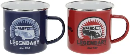BRISA VW Collection - Volkswagen T1 Bulli Emaille Tassen Set - Thermobehälter: 2 kultige Tassen im T1 Bus Design, pflegeleicht und ideal für Camping, mit 350 ml Fassungsvermögen, perfekt für Heißgetränke und mehr.