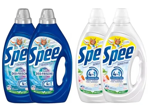 SPEE Gel-Set 4x 22 Waschladungen (88WL) 1x Deo-Frische Frische-Kick, Flüssigwaschmittel & 1x Sensitive, Waschmittel mit 4 + 1 Formel, Waschmittel für Temperaturen von 20° - 95° C