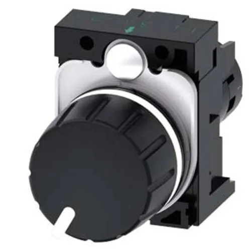 Siemens 3SU1200-2PQ10-1AA0 Potentiometer 1K, rund, schwarz - Potentiometer, 22 mm, robustes Design, einfach zu montieren ohne Spezialwerkzeug. Ideal für industrielle Anwendungen mit hoher Schutzart und Flexibilität durch PROFINET-Anbindung.