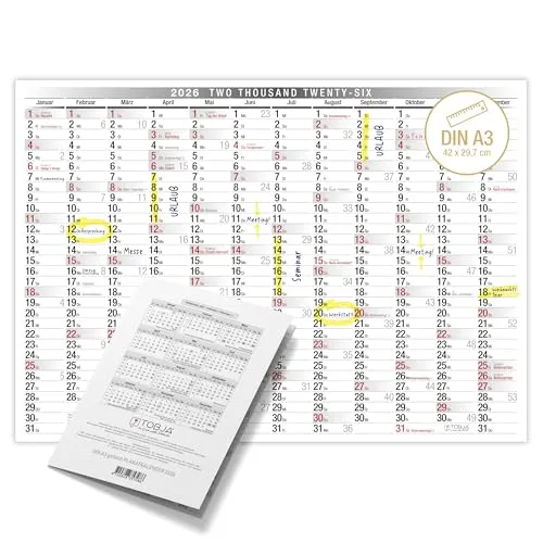 TOBJA Wandkalender 2026 A3 - Übersichtlicher Kalender 2026 mit Feiertagen und Wochennummern. Jahreskalender 2026 DIN A3 30 x 42 cm