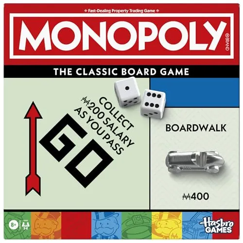 Monopoly Brettspiel, klassisches Spiel mit Ablageschale und größeren Spielsteinen, ab 8 Jahren, 2 bis 6 Spieler, Familienspiele für Kinder und Erwachsene, Kindergeschenke
