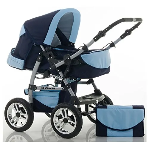 dein_babyladen Kombi-Kinderwagen Flash 2 in 1 - Marine-Hellblau - Standardkinderwagen mit 2-in-1-Funktion: Komfortabler Kinderwagen und Sportwagen, ausgestattet mit gepolsterten Sitzeneinlagen und großen Lufträdern für optimale Manövrierbarkeit.