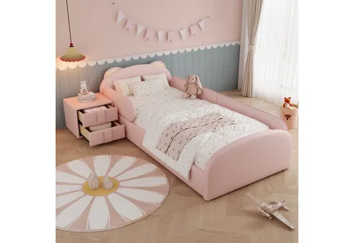 Redom Kinderbett Rosa, 90x200 cm mit Nachttisch - Gemütliches Kinderbett mit Bärenkopf, weichem Samtbezug und praktischem Nachttisch. Ideal für einladende Kinderzimmer und sicheren Schlafkomfort.