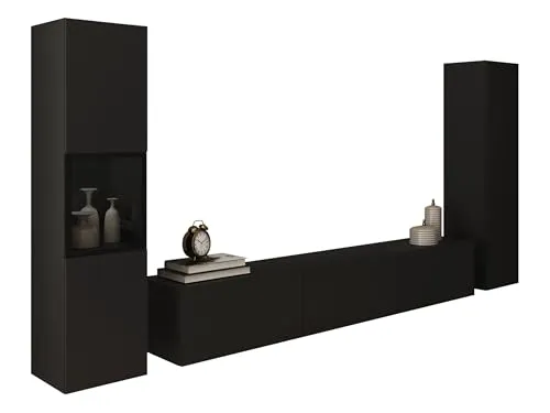 Mirjan24 Wohnwand Bentlor III – Mediawand mit 2 Vitrinen & TV-Lowboard, aufstellbar oder aufhängbar (Schwarzer Graphit, ohne Beleuchtung)