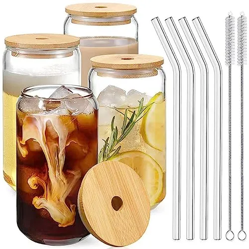 mixed24 4er Set 500ml Trinkgläser mit Bambusdeckel inkl. Glashalme und Reinigungsbürstchen Cocktailgläser Longdrink Eiskaffee Heißgetränke Kaltgetränke Cocktails
