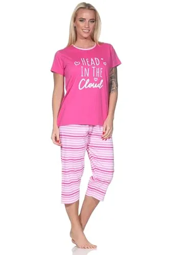Normann Damen Schlafanzug Kurzarm Pyjama mit Capri-Pyjamahose in Streifenoptik, Farbe:pink, Größe:40-42