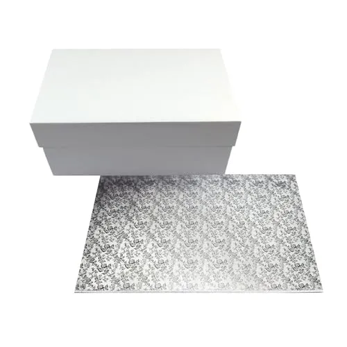 Miss Bakery's House® Cake Box mit MDF Board - Transportkarton 40x30x15 cm - weiß - und stabile rechteckige Holzfaser-Tortenunterlage - 30x40 cm - silber beschichtet