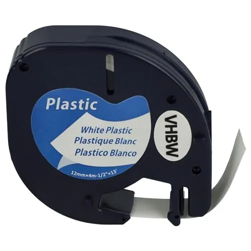 vhbw Schriftband-Kassette Plastik kompatibel mit Dymo LetraTag LT-100T, LT-100H, 2000 Etiketten-Drucker 4m x 12mm Schwarz auf Weiß, Kunststoff