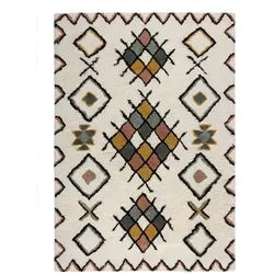 FLAIR RUGS Wollteppich Midar Shaggy 160x230 cm - Teppich aus 100% Berberwolle, handgetuftet, farbenfrohes ethnomuster, ideal für Fußbodenheizungen und strapazierfähig.