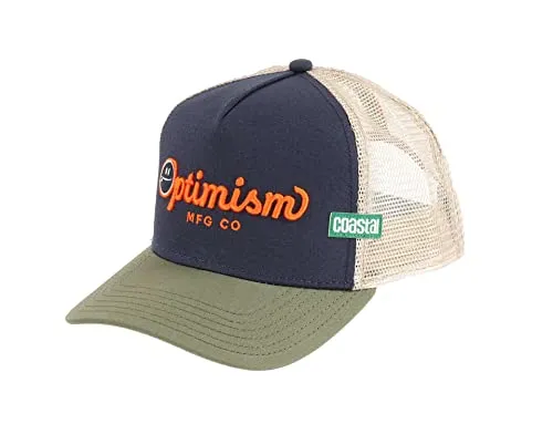 Coastal Trucker Cap Optimism CO Dark Navy - Stylische Baseball Cap für Herren im Surfer-Look mit hochwertiger Beach-Style Applikation und atmungsaktivem Mesh-Rückenteil. Einheitsgröße mit verstellbarem Clipverschluss für optimalen Tragekomfort.