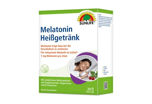 SUNLIFE SUNLIFE® Melatonin Heißgetränk Kirschgeschmack zum Einschlafen Vor dem Schlafengehen den Inahlt eines Sticks mit 150 ml heißem oder kaltem Wasser übergießen, umrühren und trinken