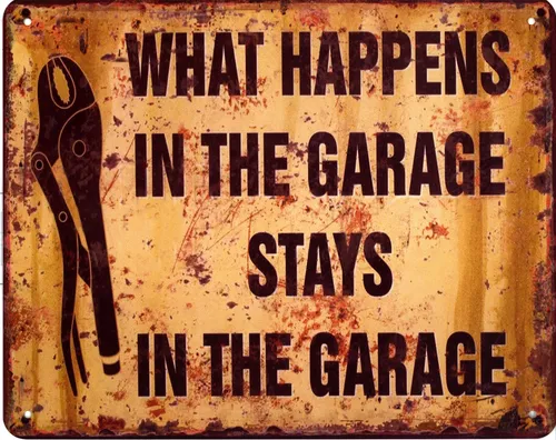 Blechschild What happens Garage Deko Schild Aufschrift Dekoration Druck 20 x 25